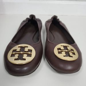 Tory Burch Brown Leather Gold Stretch Flats 10